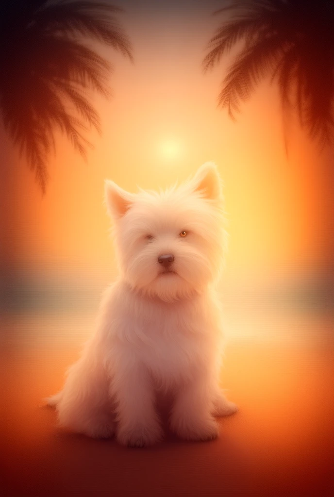 A westie at the beach with a sunset with palm trees 