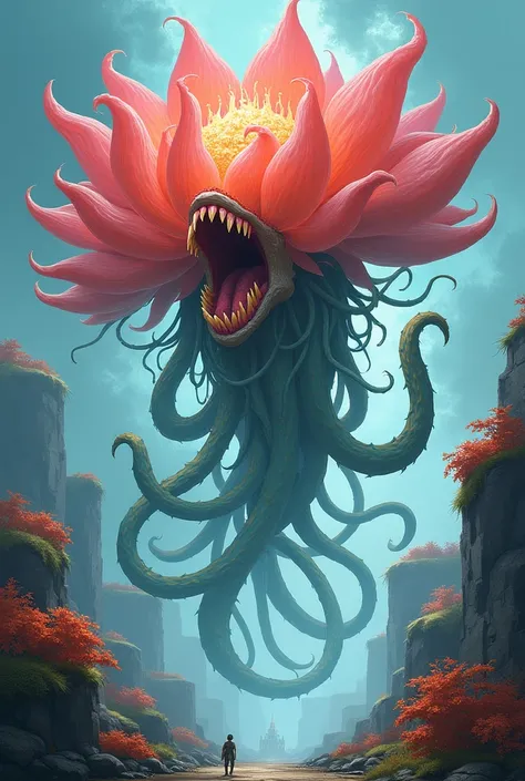  a beautiful big flying flower with petals,  like a jellyfish ,  long snake stem ,  With a mouth in the middle of a flower ,has vines .  RPG and 2D fantasy style  .