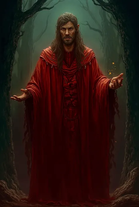 Forest elf male wizard, transmuter specialist, in red robes, not heavy less folds that are trimmed in black, some orange flames, short hair 30ish highly stylized, hi resolution forest background, kin, 80s fantasy art, adventurer, AD&D, Jeff Easley style, c...