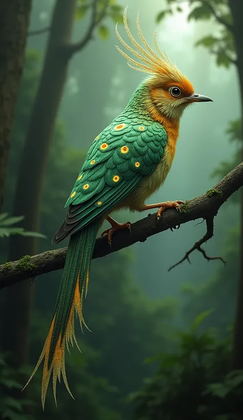 A surreal bird perched on a low branch in a dense, misty forest, its feathers in intricate patterns of emerald greens, golds, and silvers. The feathers are marked with luminous, eye-like circular designs, radiating an ethereal glow. It has a delicate, shar...