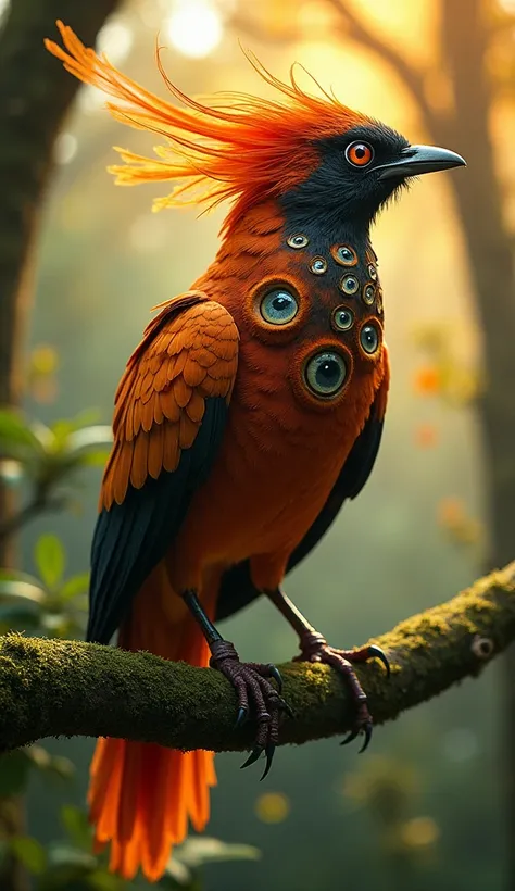 A surreal bird perched on a moss-covered tree branch, its feathers a vibrant mix of fiery oranges, reds, and blacks, adorned with captivating eye-like circular patterns. The bird’s sharp beak and long, flame-like tail make it appear even more otherworldly....