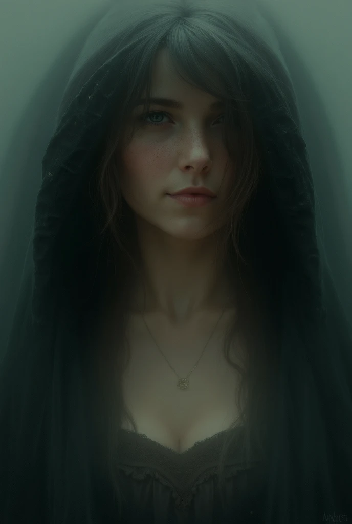 detailed and realistic- 26 year old very very hot woman with light brown hair and caramel brown eyes and freckles. She has big breasts and she’s looking up at a hooded man