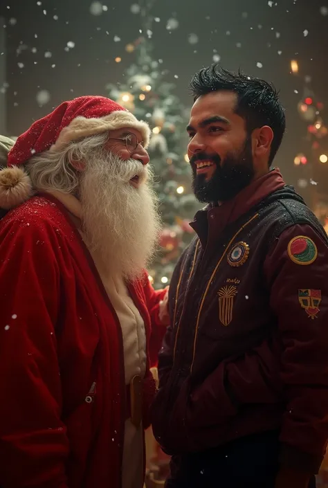 "A festive and cheerful scene featuring Santa Claus and a character resembling Virat Kohli. Santa, dressed in his iconic red suit with a white beard, is holding a sack of gifts. Beside him stands a man with a neatly trimmed beard, short black hair, and wea...