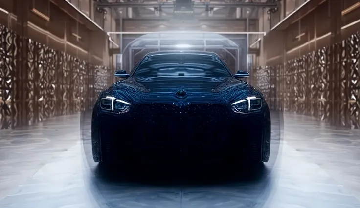 A straight front view of a black BMW iX standing in a luxurious exhibition hall. The vehicle’s iconic ney grille, sleek LED headlights, and aerodynamic design are highlighted under bright, strategically placed lighting. The polished floor reflects the car’...