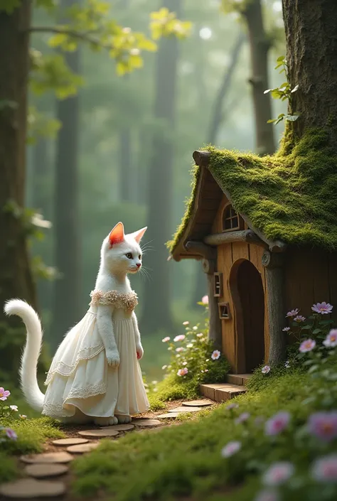 A beautiful white cat, wearing princess dress, with dark curly hair, a slender figure, came to a tiny house in the forest where the tiny gnome kittens lived, opened the door and looked inside. 