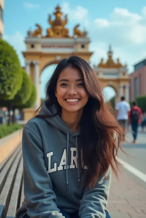 Hyper-realistic photos. Ultra hdr
“A beautiful Indonesian woman with long hair, wearing a “LAROS” hoodie, was sitting on a city sidewalk bench. In the background there is a magnificent city gate with the inscription “BANYUWANGI”, a clear blue sky, and a wa...