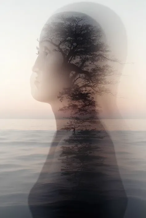  HIGH QUALITY, 8K ultra HD, Una hermosa double exposure que combina una silueta de diosa con la costa al atardecer,  the coast at dusk should serve as a backdrop ,  with its details incorporated in the goddess , sharp lines, The background is monochrome,  ...