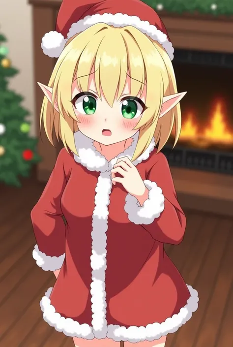 1anime girl, Small Figure, Short Hair, Blonde Hair, Medium Breasts, Green Eyes, Panicked, Blush, Sweating, Nervous, Looking at Viewer, Open Mouth, Slightly Widen Eyes, Elf Ears, Wearing a Santas Clothes and Santas Hat, Innocent Face, Touching Her Chin, Sta...