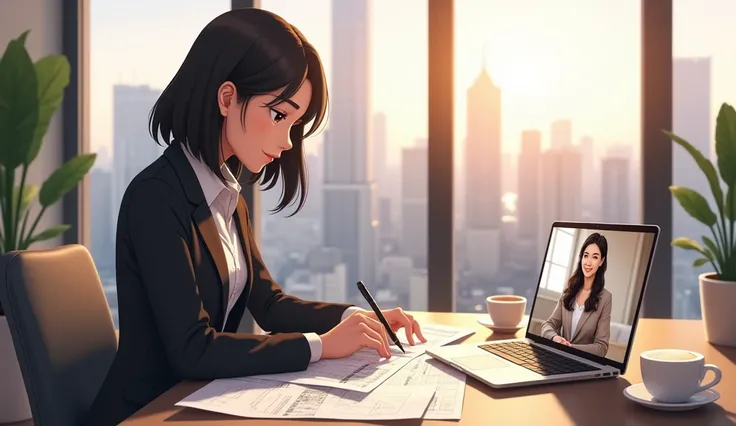 A modern office on the 25th floor of a luxury apartment building with floor-to-ceiling windows showing a city skyline in the background. An Nhien,a digital anime-style character, a 35-year-old woman with shoulder-length black hair, light skin, a height of ...