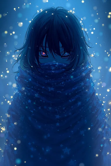 Make an anime  with a scarf covering his mouth and the scarf with stars
