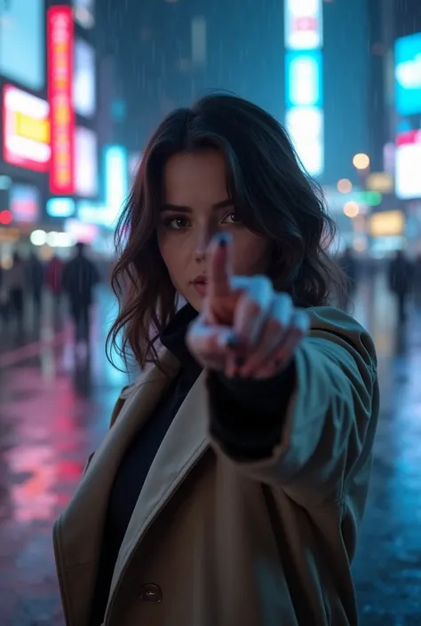 Make the same woman in the photo be pointing at the camera and wearing a trench coat.  He is in a futuristic city and its raining something minimalist and neon lights at every intersection.

Make it realistic