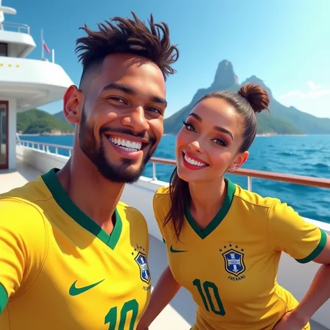 "Neymar and Bruna Biancardi are smiling as they take a selfie on the deck of a luxurious yacht. Both are wearing Brazil jerseys with the number 10. Behind them, the ocean and distant mountains create a breathtaking natural backdrop. The scene is filled wit...