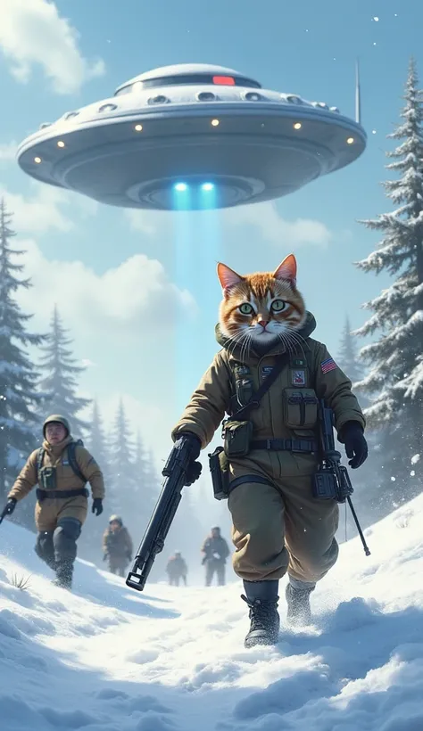 Background is snow　UFO in the sky, how many aliens, people 　fight　Rin々 cat wearing Self-Defense Forces clothes　 holding a gun