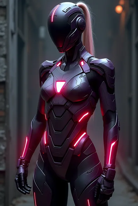 The female Ironman costume, purple, black and red color pallet, black face plate, red lights