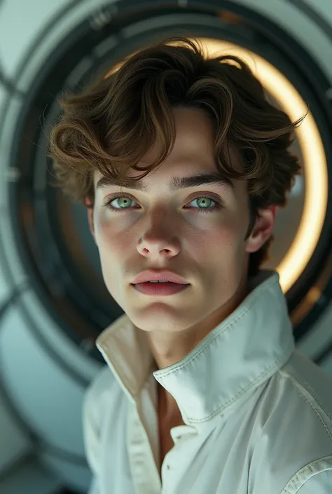  professional photo ,  Teenage male , no beard,  bright green eyes ,  brown hair , face and features perfect soft lips sculpted,  jaw and well-defined cheekbones divine beauty, Divine Aura .  on a spaceship 
