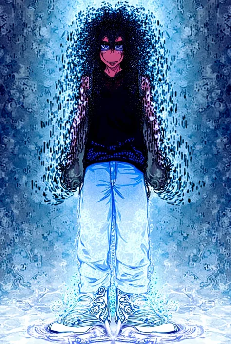  sneakers Create a manga character with medium curly hair blue eyes, black vest on the chest and white pants with Jordan 