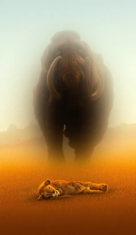 Majestic woolly mammoth standing in a golden grassy plain with a dramatic sky in the background, its large tusks curving outward prominently. In the foreground lies a saber-toothed cat on the ground, resting peacefully, with soft fur and a serene expressio...