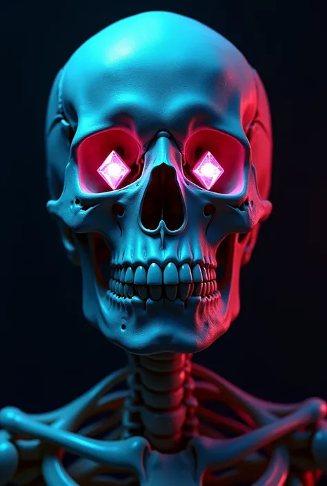  Face Skull in Neon with some colorful features,  black background, two diamonds in place of the two eyes ,  high quality, 3d