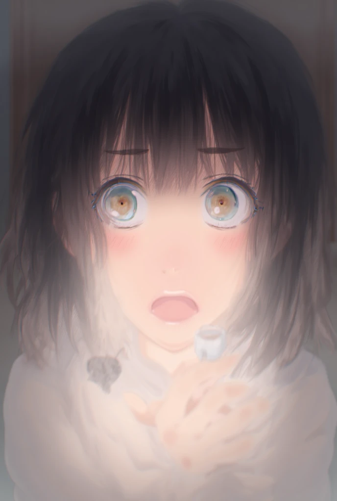  anime girl looking in the mirror with her mouth open scared because a tooth fell out, The tooth is in her hand and there is blood 