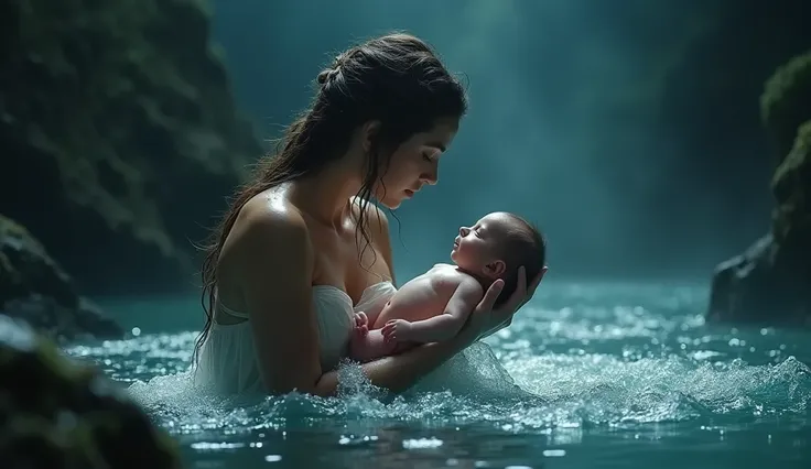 Prompt: "Ultra-realistic, cinematic photograph of Thetis, the goddess, immersing her newborn son Achilles in the river Styx. The scene is set in a mystical, misty environment with ethereal lighting. The camera is positioned at a low angle, capturing Thetis...