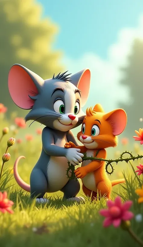 Cartoon In a 3D , Tom, a sleek gray mouse with bright, determined eyes, is carefully freeing Baby Jerry, a small, fluffy orange cat with a white underbelly, from a tangle of thorny vines. Baby Jerry’s round, tearful eyes show relief as Tom works with preci...