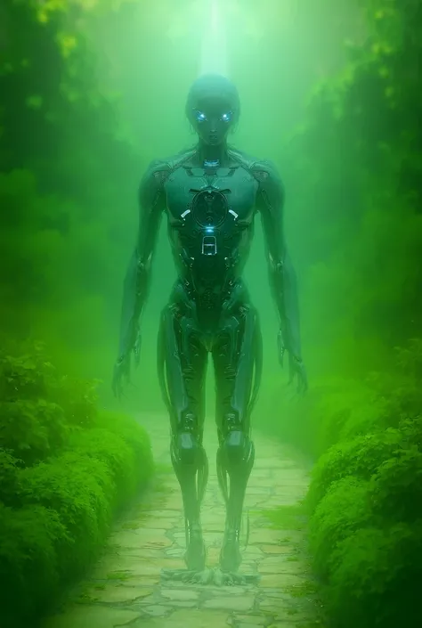 A robot walking in the garden