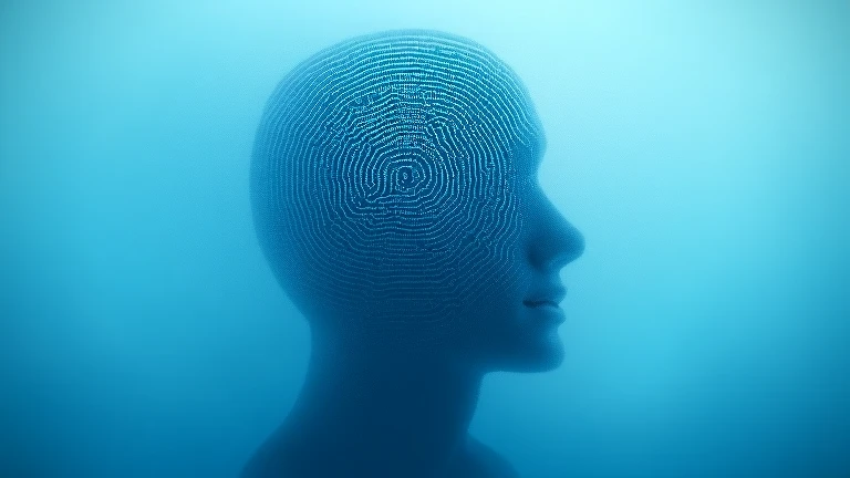 A detailed human head silhouette filled with intricate maze patterns, symbolizing complex thought processes. The color palette includes calming blues and whites with subtle glowing effects.