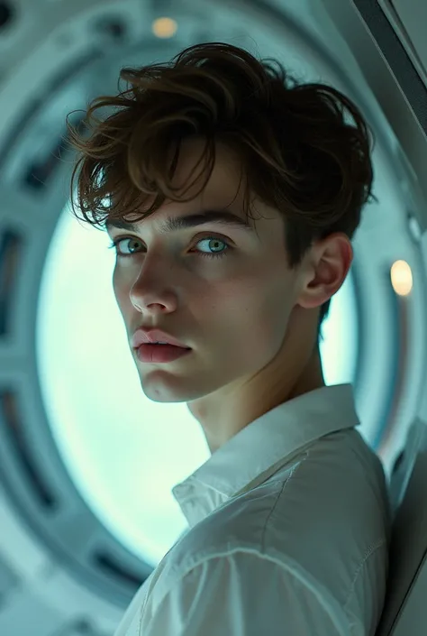  professional photo ,  Teenage male , no beard,  bright green eyes , brown straight hair, face and features perfect soft lips sculpted,  jaw and well-defined cheekbones divine beauty, Divine Aura .  on a spaceship 
