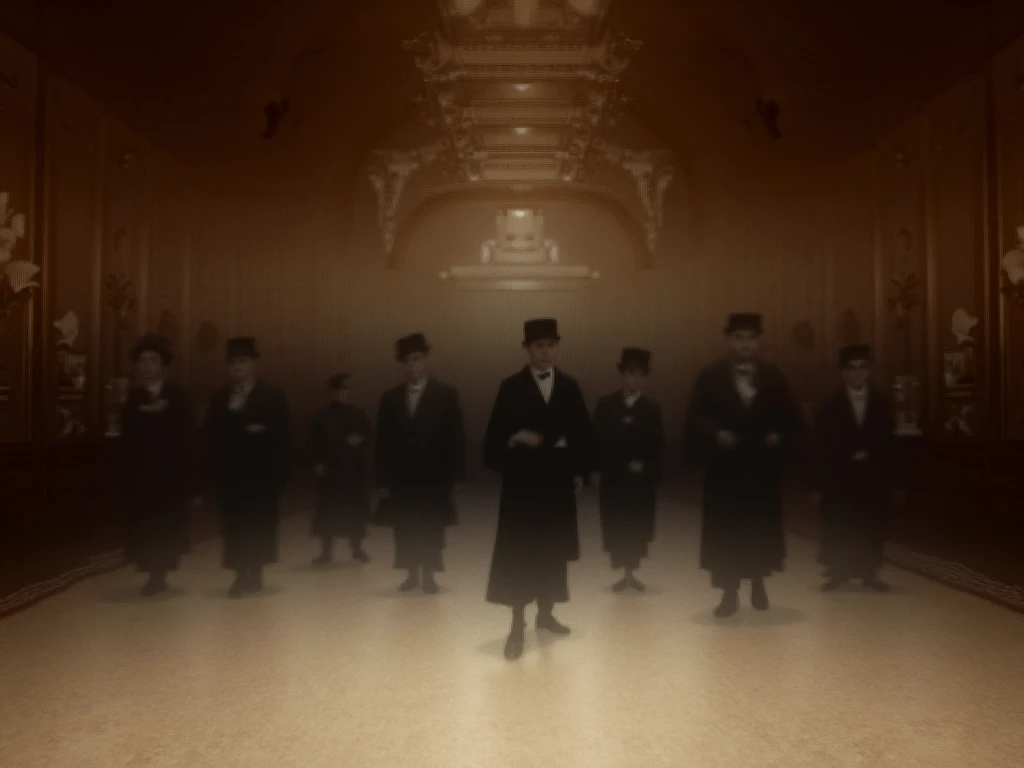 Japanese politicians walking in a government building in Victorian era, vintage photography art style