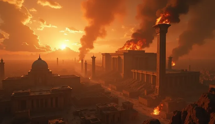 A highly detailed and realistic image for YouTube, an image of Babylon invading Jerusalem and destroying Solomons Temple in 586 BC. Make sure the scene is cinematic and ultra-realistic, with fine details, dark fantasy