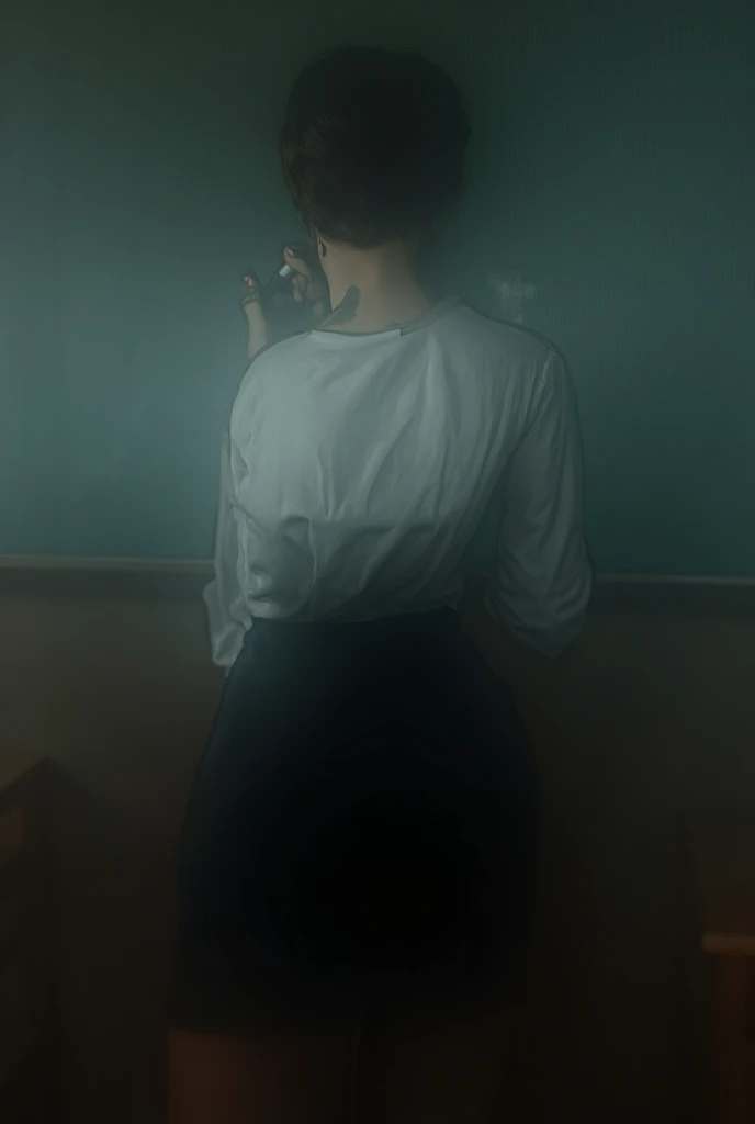 Create a realistic macro photo image in 4k of a woman with an extremely large and bulky buttock she is writing with a chalk on a blackboard the setting is a classroom 