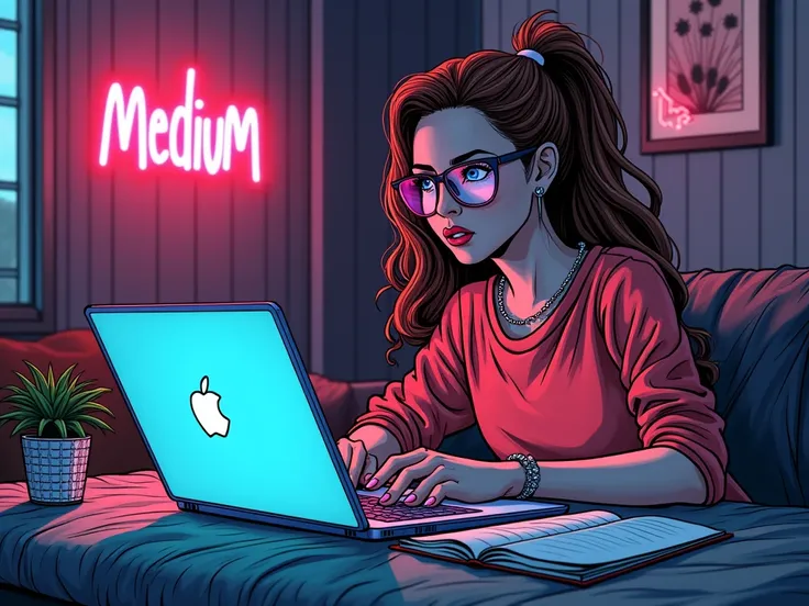 Comic book art-style woman at home working on a Laptop  glowing  neon “Medium”