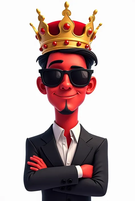  countryhuman of Peru wearing a formal black suit,  his skin is red like the flag of Peru ,  red with a white stripe in the middle .  He wears dark glasses and a charismatic smile ,  on his head he has a gold crown with red pearls, clearly white background...