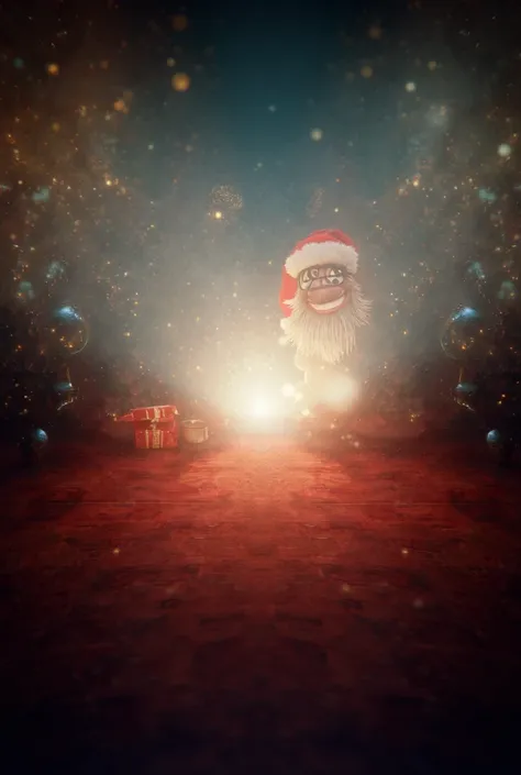 A computer with Santa Claus working and smiling with clear image 