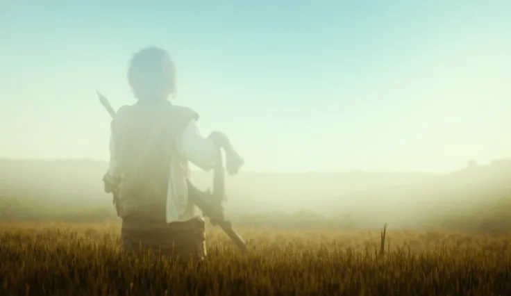 A country man looking at the sky. He holds his bow and arrow.