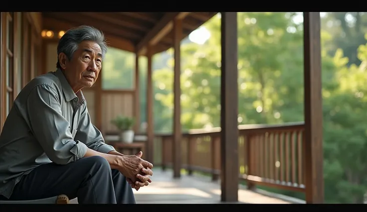 a middle aged Korean man thinking on his porch next to the image on the right