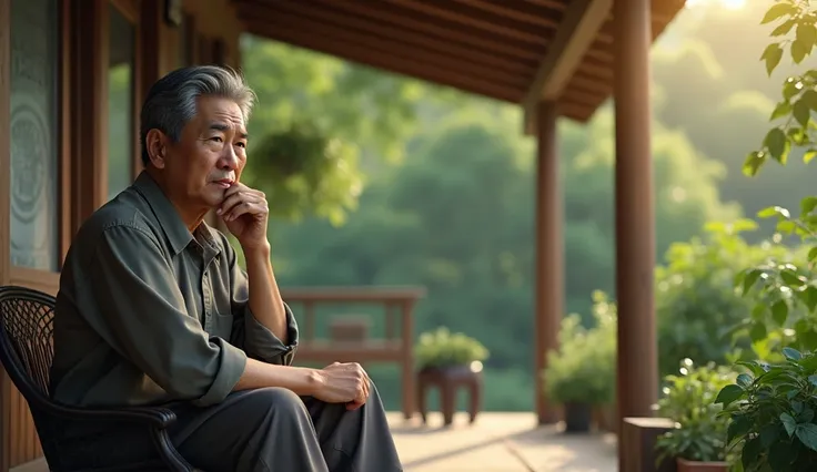 a middle aged Korean man thinking on his porch next to the image on the right