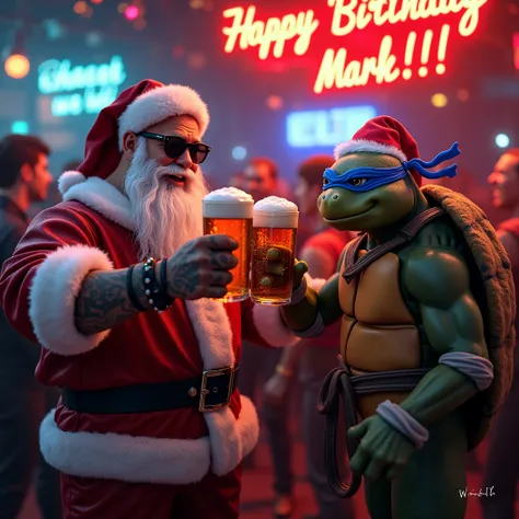 Blues/Jazz Christmas party. Santa with tattoos and dad bod. Dons leather Santa clothing, with white fluff trim. Wears dark lensed sunglasses. Cheers beer mugs with an older, mature Ninja Turtle donned in a fur Christmas suit with bluesy dark sunglasses. A ...