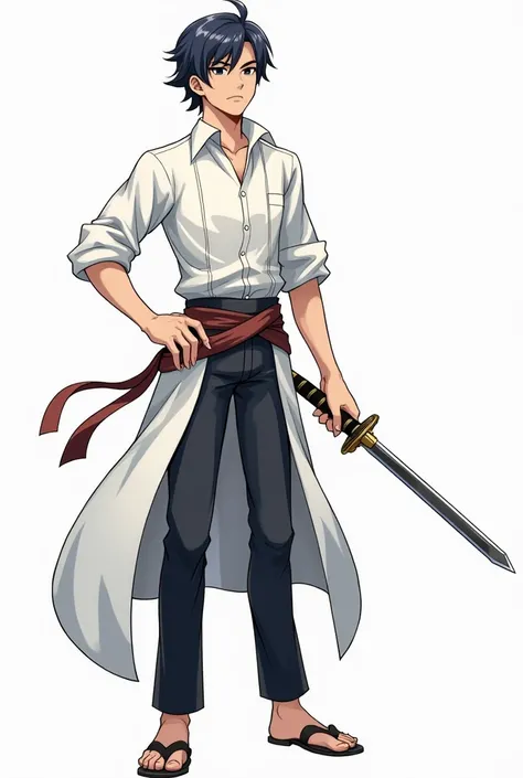 a man with a sword and a white shirt, visual novel sprite, 2 d sprite, sprite 2 d, made in rpg maker, full body sprite, jrpg character, art of kirokaze pixel, official character art, fus rei, 2 d sprites, main character, kentaro miura art style, genshin im...