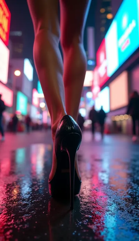 "A dynamic lower shot capturing the heels of a stunning female model as she walks confidently forward. Her sleek black stiletto heels glisten under the vibrant neon lights, emphasizing her commanding stride. The high-definition shot showcases the subtle de...