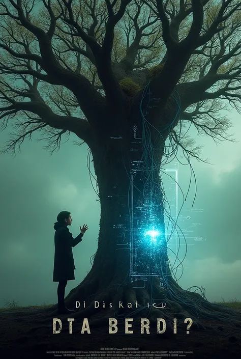 "An image of a human caught between nature and technology, symbolizing the question Di Mana Kita Berdiri? The scene depicts a large, withered tree with roots intertwining with broken electronic cables and wires, while a futuristic holographic screen is in ...