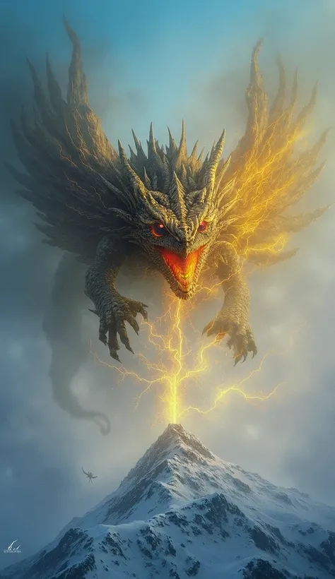 A fierce battle between a massive dragon with obsidian scales, glowing red eyes, and fiery breath, and a golden griffin with razor-sharp talons and majestic wings. They are mid-air over a snowy mountain peak, with dark storm clouds swirling and lightning i...