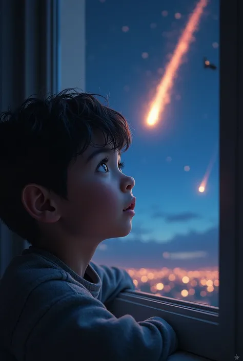 black haired boy looking through the window at the fall of a meteorite
