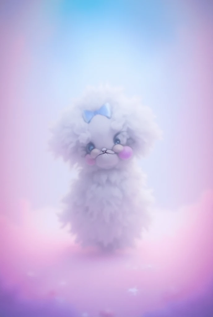 Cute fuzzy maltipoodle penguin creature on a magical rainbow marshmallow island