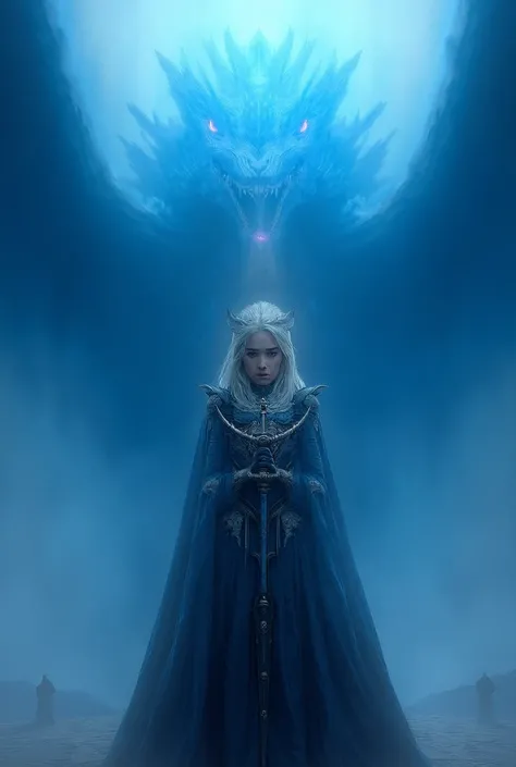 Woman from the Targaryen house holding sword with a huge blue dragon in the background