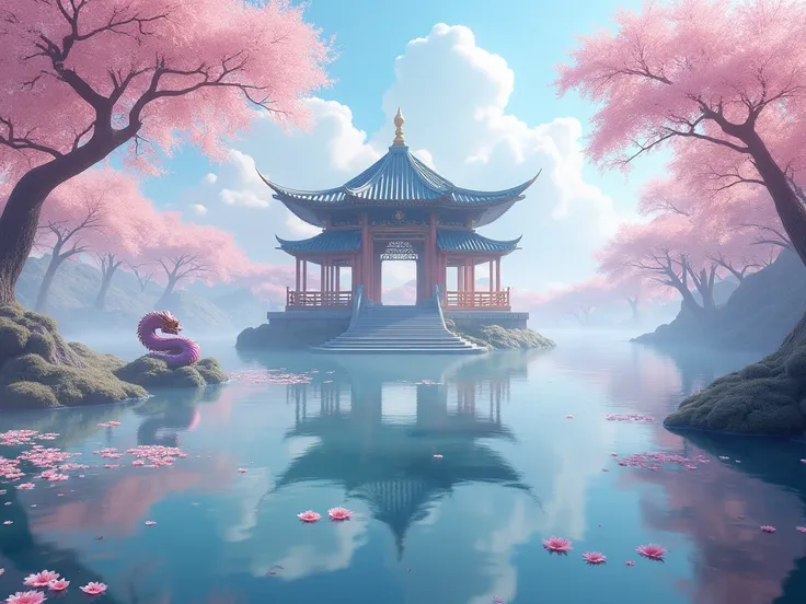 A huge pavilion in the middle of a mystical lake in a mystical realm, cherry trees, cherry blossoms in the air, an imoogi on the lake guarding it