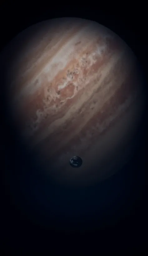 A stunning view of Jupiter, showing its massive size compared to Earth. The planet’s swirling clouds and vibrant colors dominate the scene, with Earth appearing as a tiny speck in the foreground