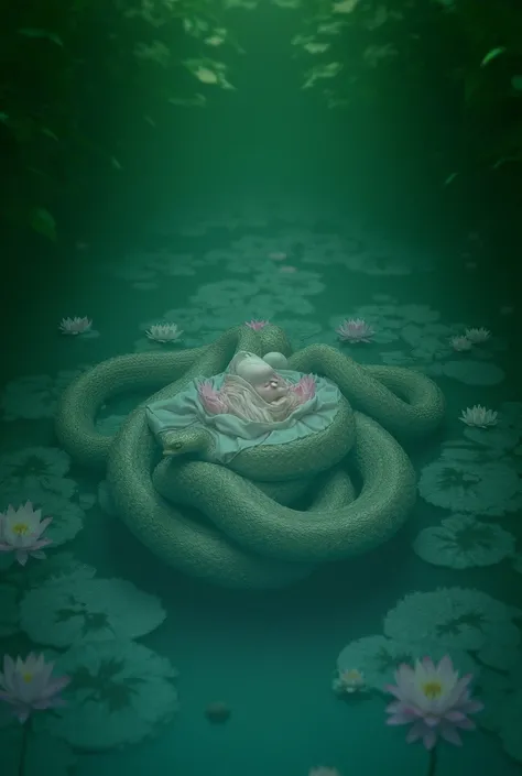 
A river is filled with lotus flowers and a snake is sitting on the snakes bed. An unusual girl is 32 years old. Beautiful realistic photo.