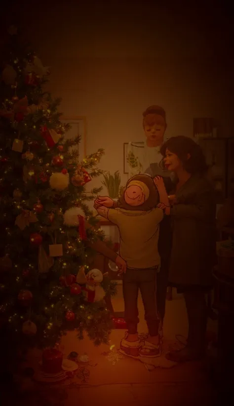  A  decorating a Christmas tree with an adult, while others cook together in the kitchen .