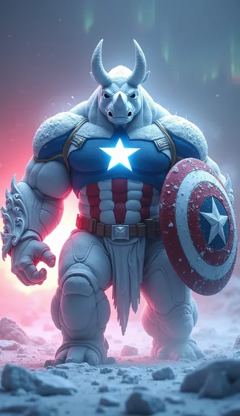 "create 32k rendering of a massive hybrid fusion of a snow-white rhino and Captain America. The hybrid combines the rhino’s massive size and icy-white skin with Captain America’s heroic traits, including elements of his blue and red suit. Its broad, frost-...